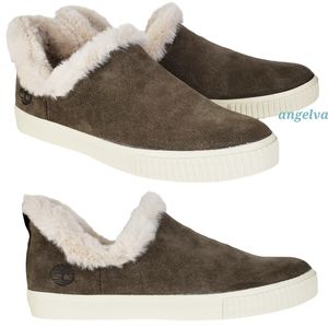 New Timberland skyla bay suede faux fur lining slip on shoes olive off white